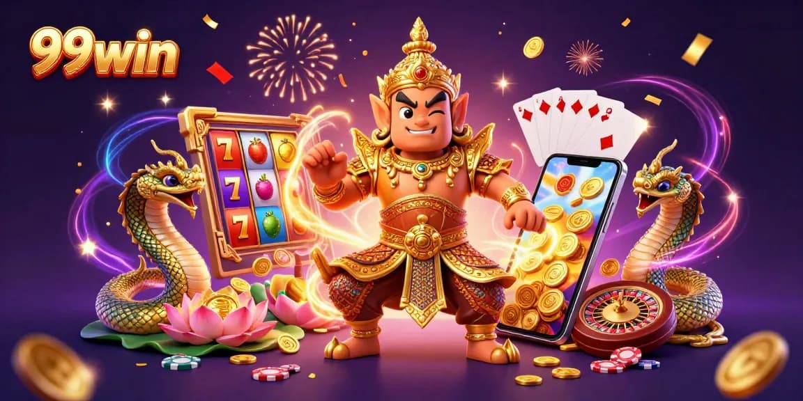 Spin the reels at 99win with a vibrant scene of cartoon characters and casino elements.