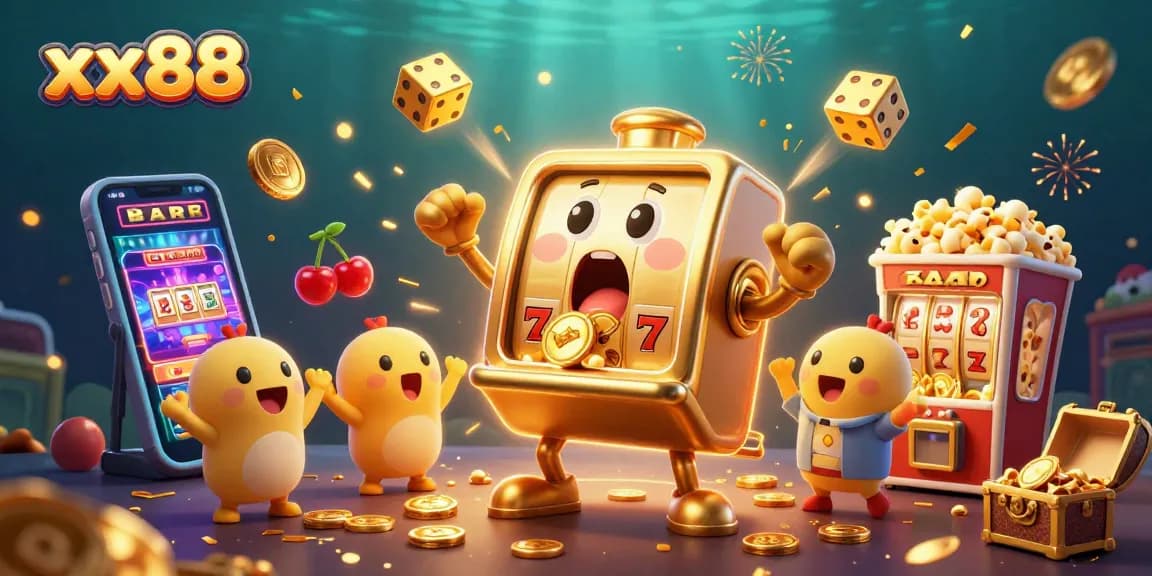 xx88 showcases a golden slot machine hitting a jackpot, surrounded by coins, cheering baby slot machines, and dynamic casino elements.