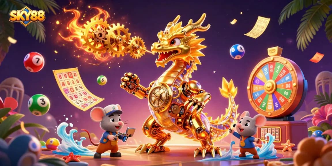 Engage in thrilling gaming at SKY88 with a dynamic scene of a dragon, lottery balls, and casino excitement.