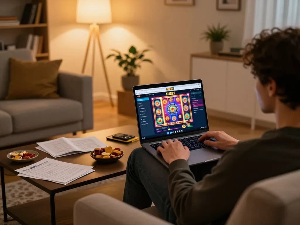 Engaging home casino atmosphere with a player enjoying SHBET's online slot games on a laptop.