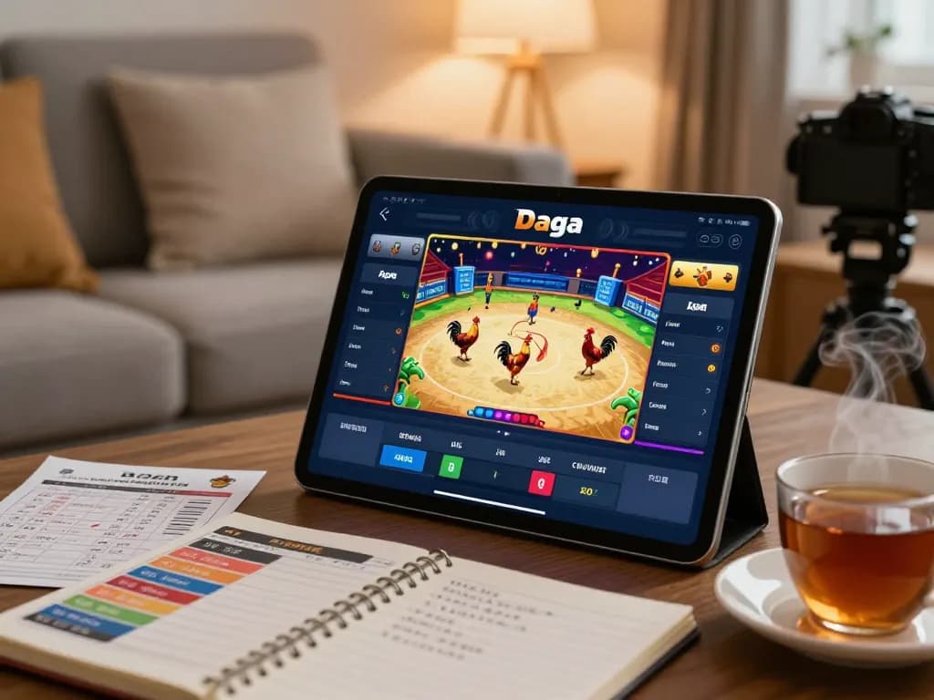 Daga players betting on live cock fighting matches through mobile device in a cozy home setting