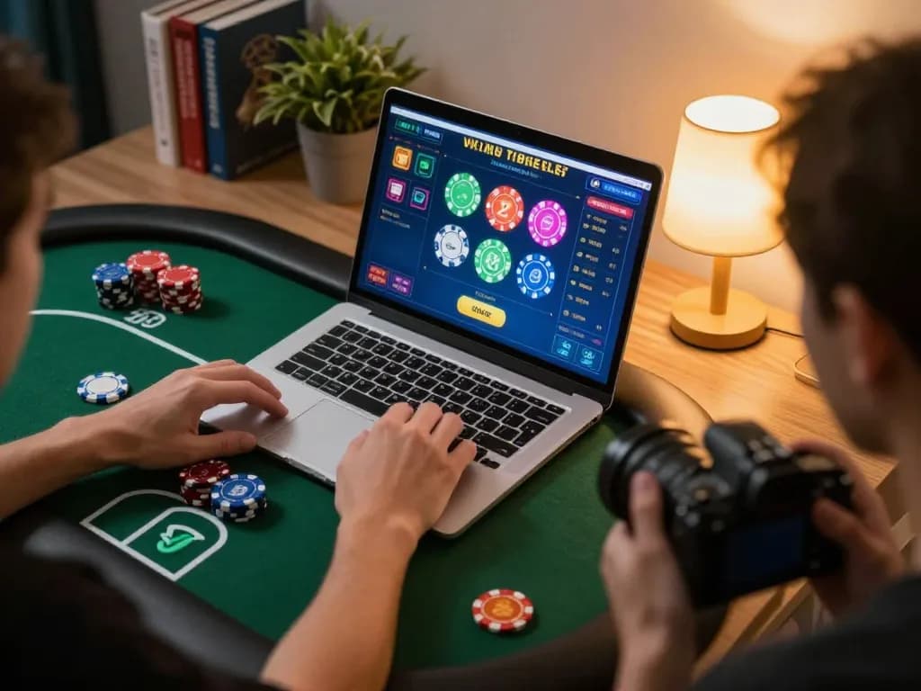 Engaging online gaming scene showcasing onbet com poker table interface with chips and strategy notes.