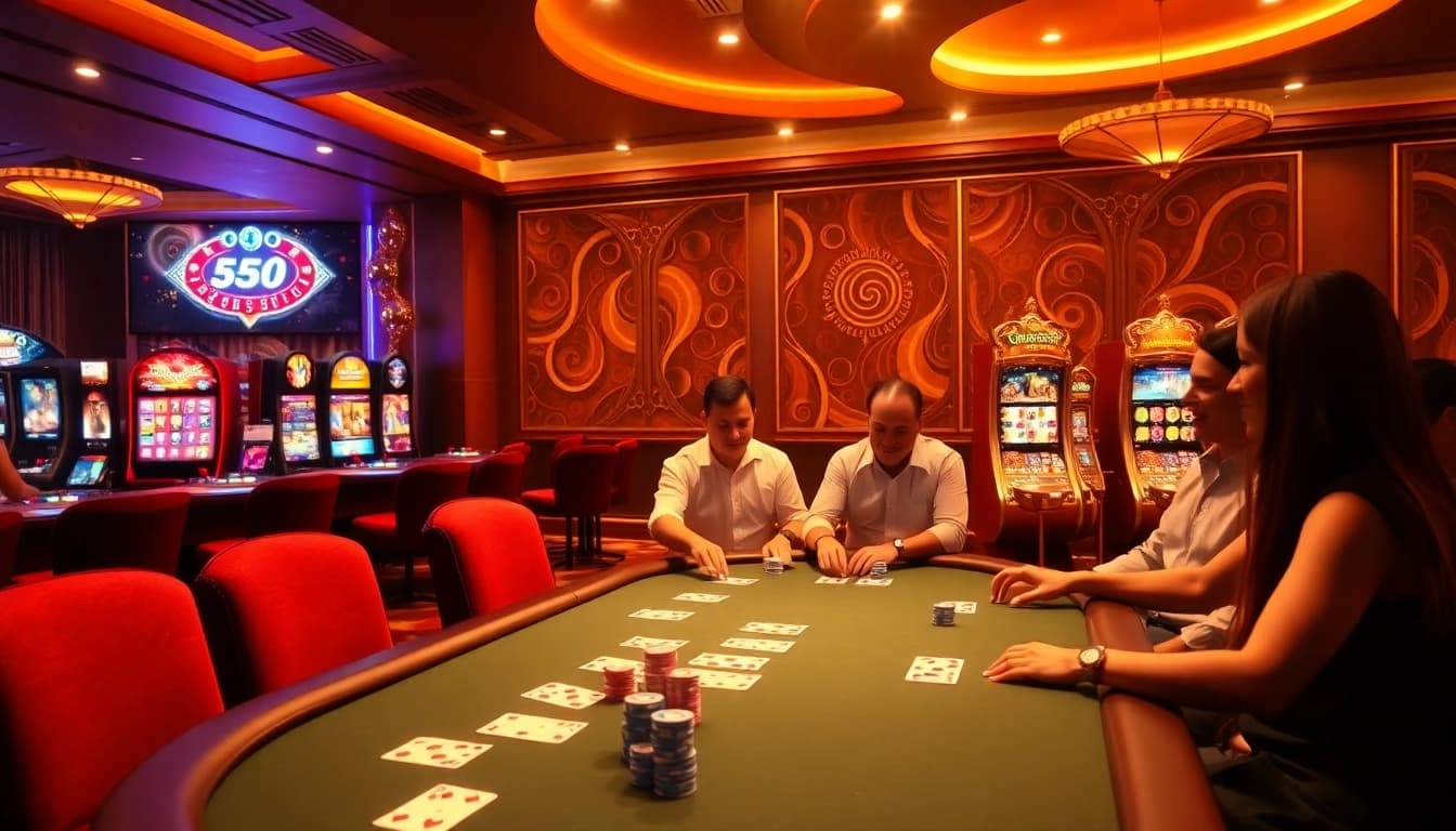 Experience thrilling gaming at hello88.com with vibrant poker chips, roulette wheels, and lively casino atmosphere.