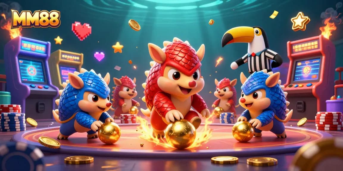 Engage in thrilling gaming with MM88 featuring rival pangolins in a dynamic casino scene.