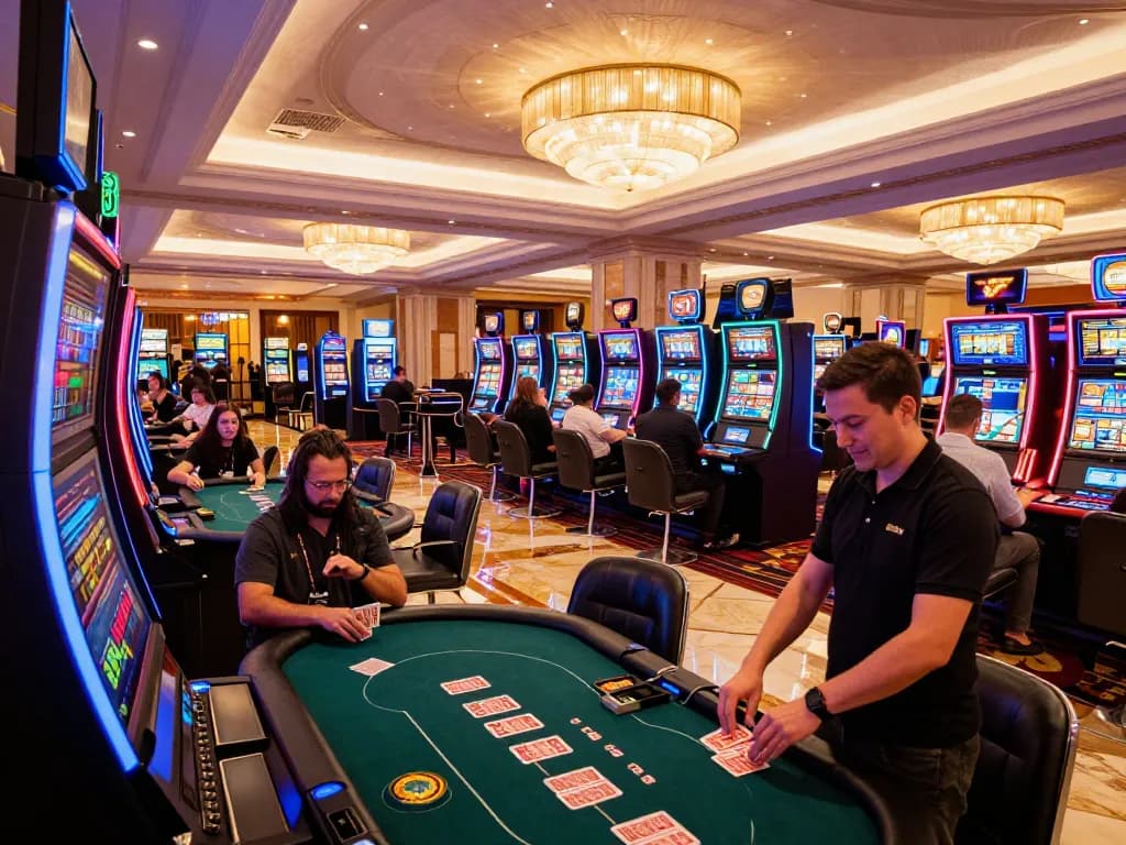 Engaged players at a casino with vibrant atmosphere, showcasing the thrill of playing ok365 com games