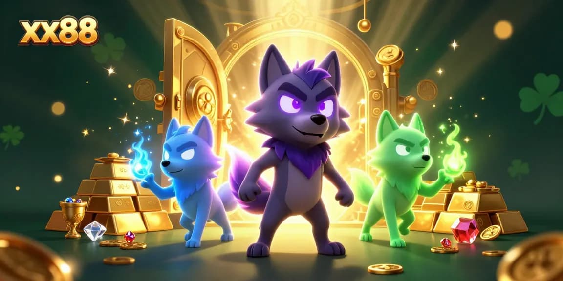 Experience the excitement of xx88 with cartoon shadow wolves and treasure in a vibrant casino setting.