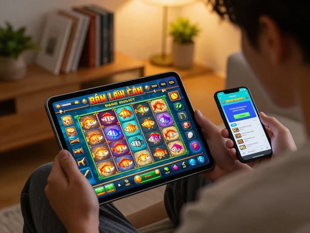 Player immersed in a game bắn cá đổi thưởng on tablet, focusing on strategy and vibrant graphics in cozy home.