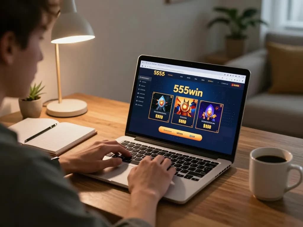 Player engaged with the 555win betting platform on a laptop at home, strategizing gaming approach.