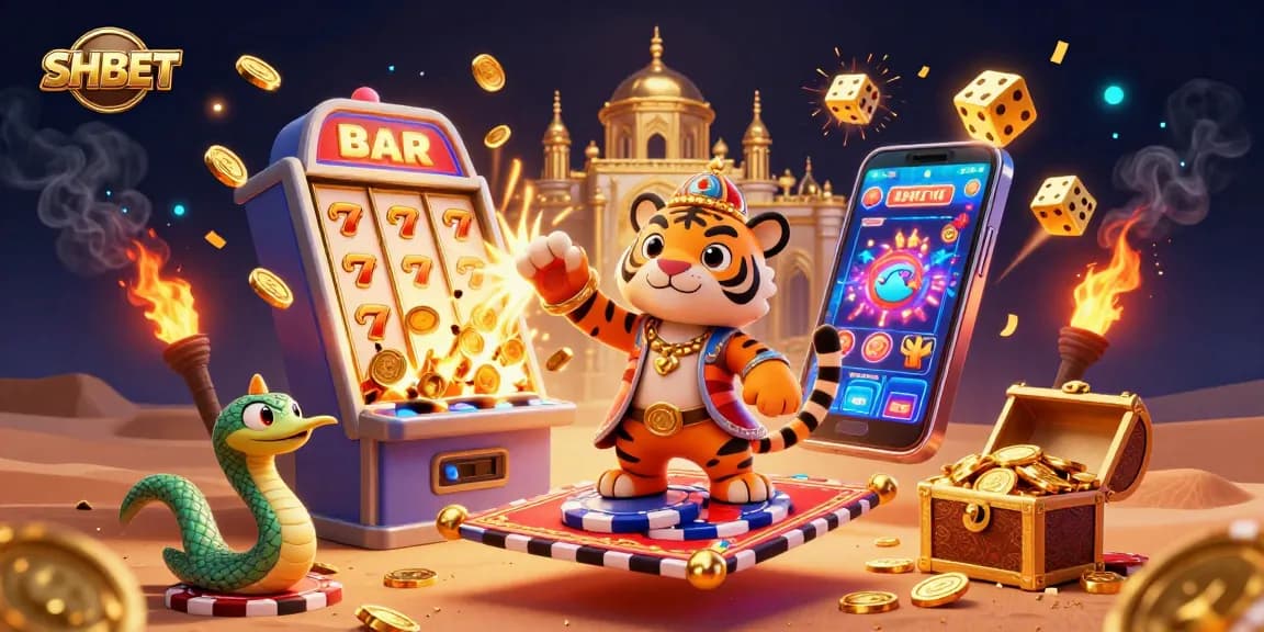 Engage with SHBET's vibrant casino experience featuring a tiger sultan, jackpot slots, and rich gold imagery.