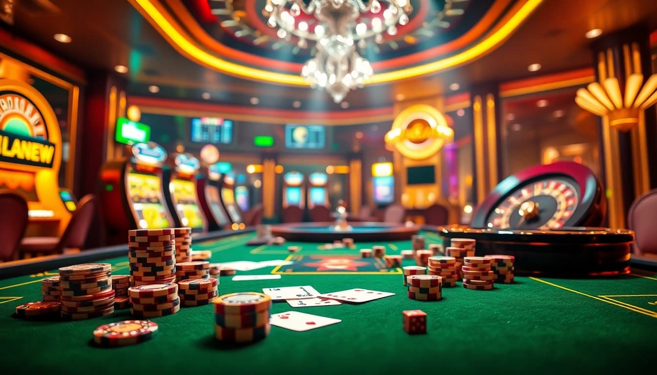 888NEW casino scene featuring vibrant poker chips, playing cards, and roulette table in an elegant online gambling setting.