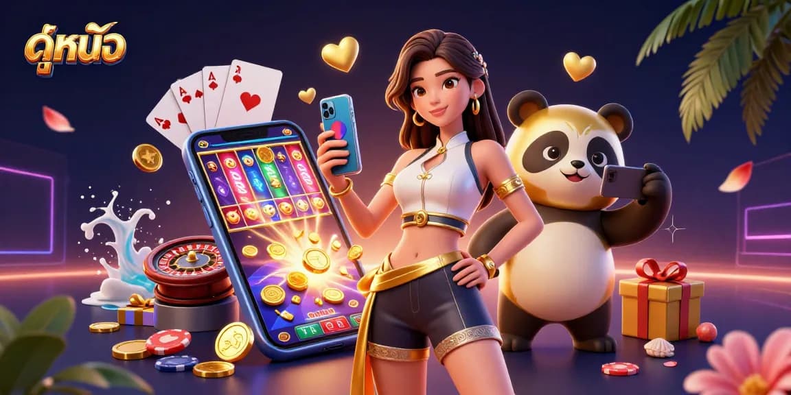 Experience ดูหนัง with dynamic casino gaming featuring a smartphone and golden panda mascot.