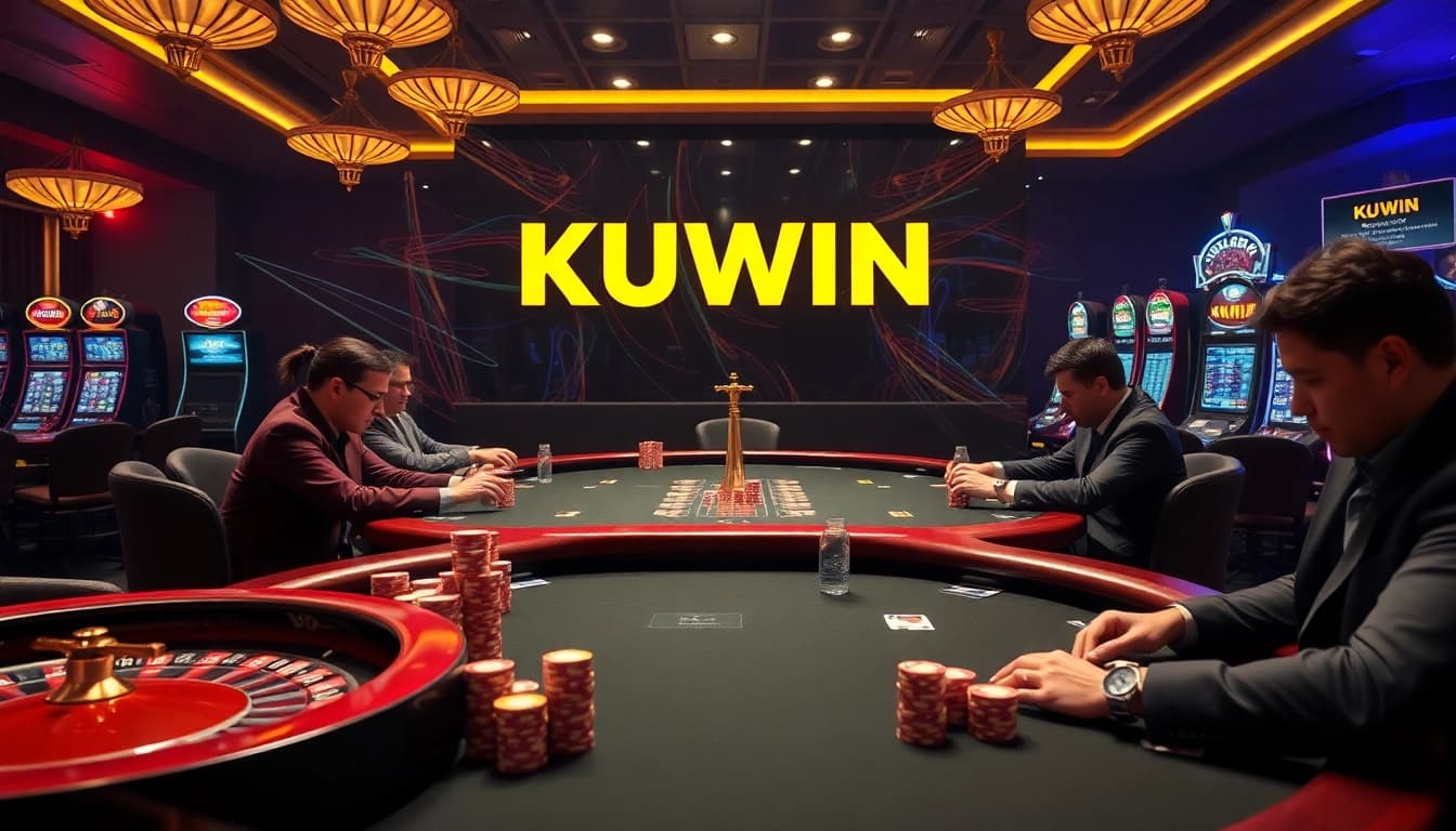 Players engage in high-stakes poker at a luxury KUWIN casino, surrounded by vibrant chips and exciting decor.