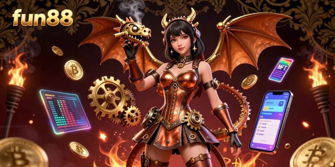 Win big with fun88 in this vibrant 3D casino illustration featuring unique steampunk designs and digital elements.