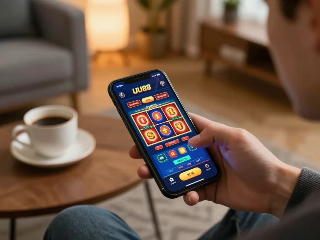 UU88 player engaging with live dealer games on mobile app in cozy home setting.