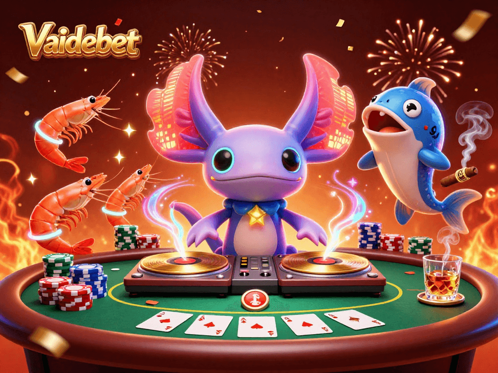 Engage with Vaidebet's dynamic casino scene featuring colorful axolotl DJ and poker action.