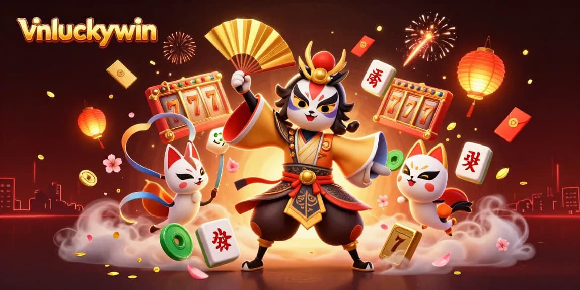 Experience thrilling slots with vnluckywin's vibrant 3D casino illustration featuring kabuki warriors and lucky symbols.
