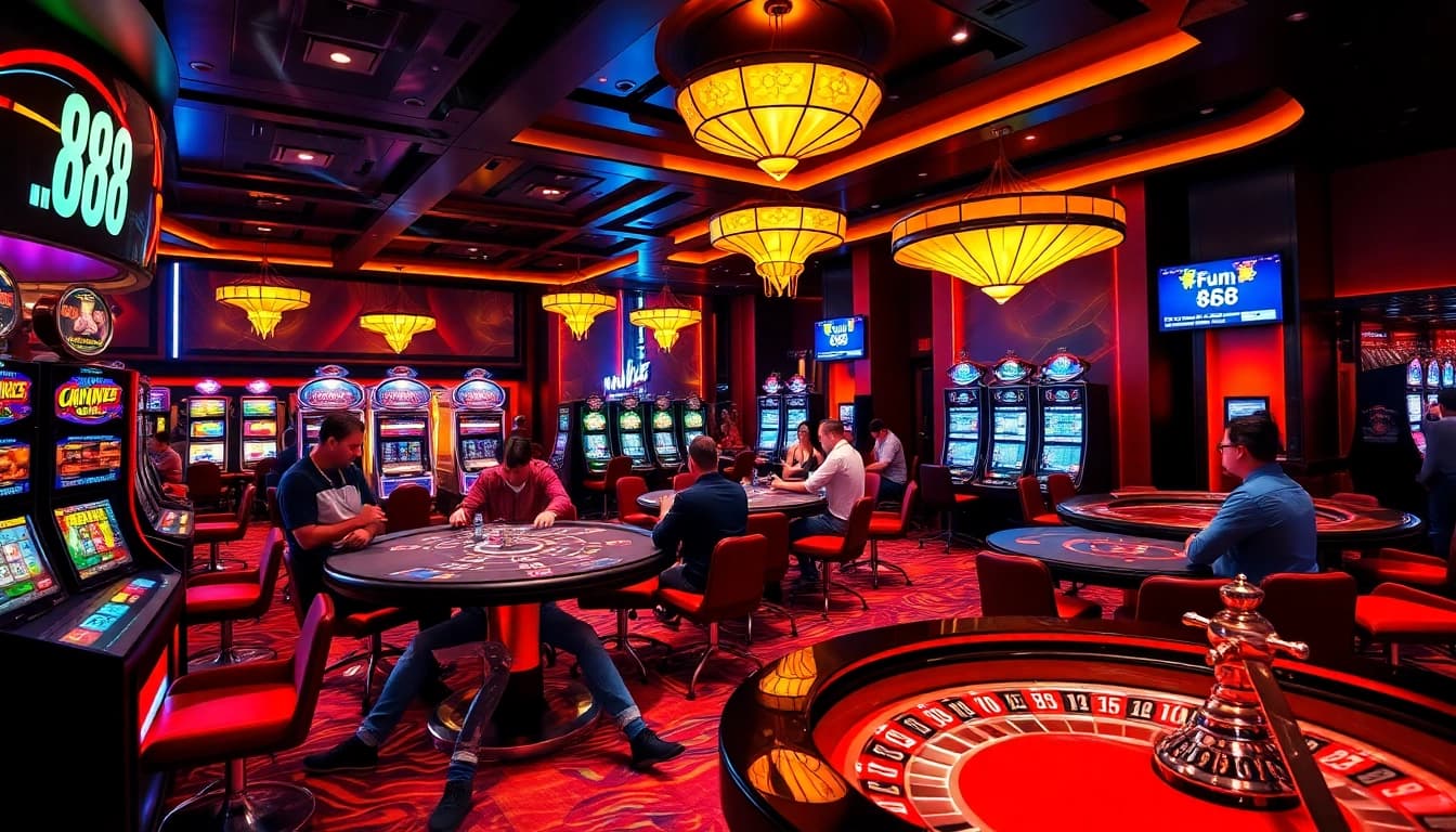Engaged players enjoying the luxury of Fun 88 casino gaming with vibrant atmosphere and modern tables.