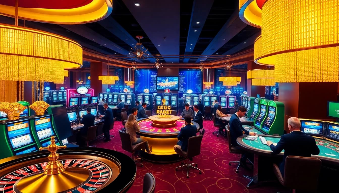 Players enjoying online games and betting at f8bet.com in a vibrant casino atmosphere.