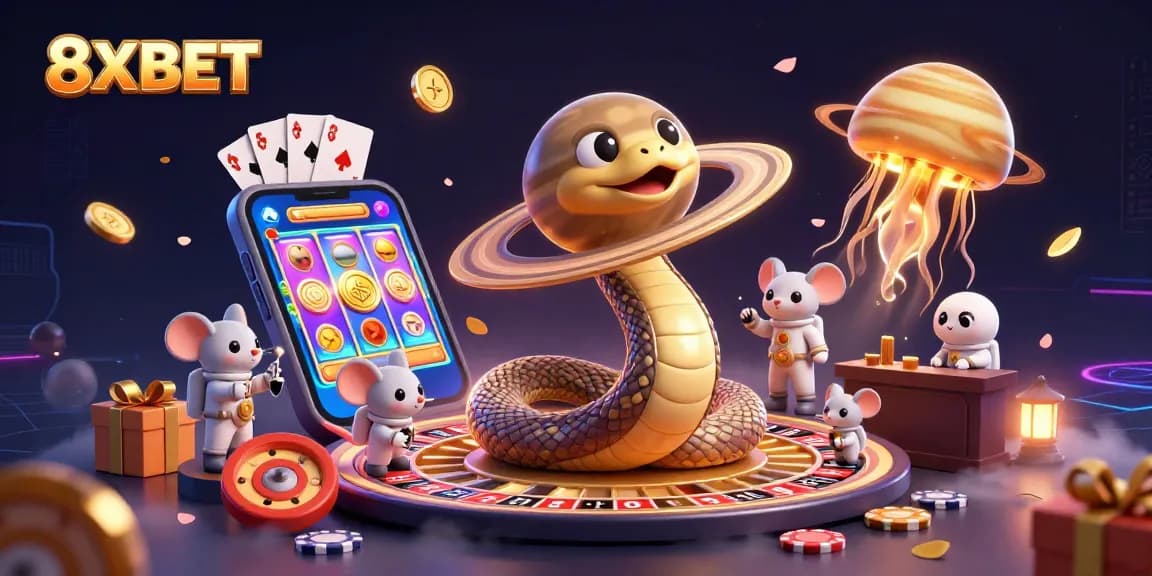 Engage with 8XBET's dynamic casino universe, featuring vibrant characters and spectacular gaming elements.