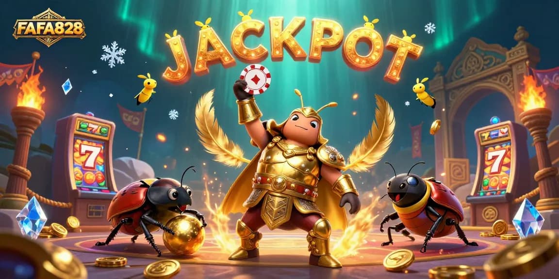 FAFA828 showcases a victorious beetle lifting a poker chip in a vibrant casino scene.