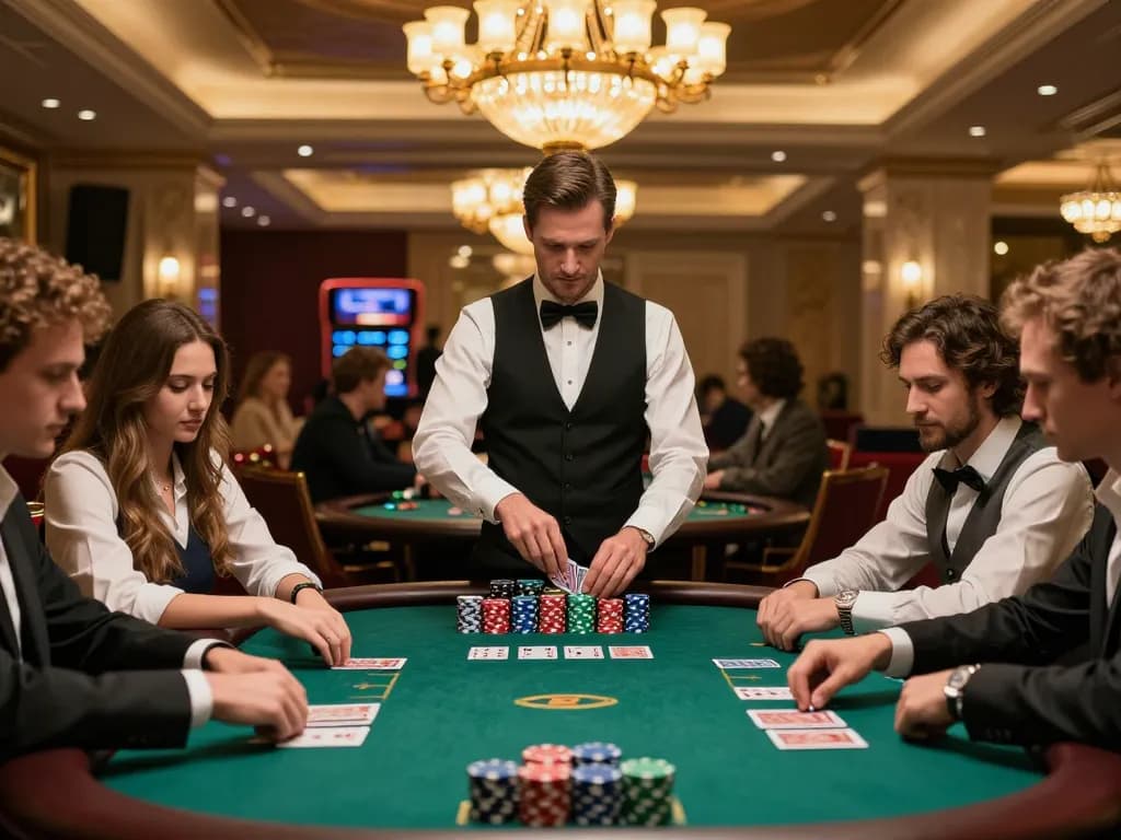Players engaged in a strategic poker game at E2bet's luxury table setting, illuminated by soft ambient lighting