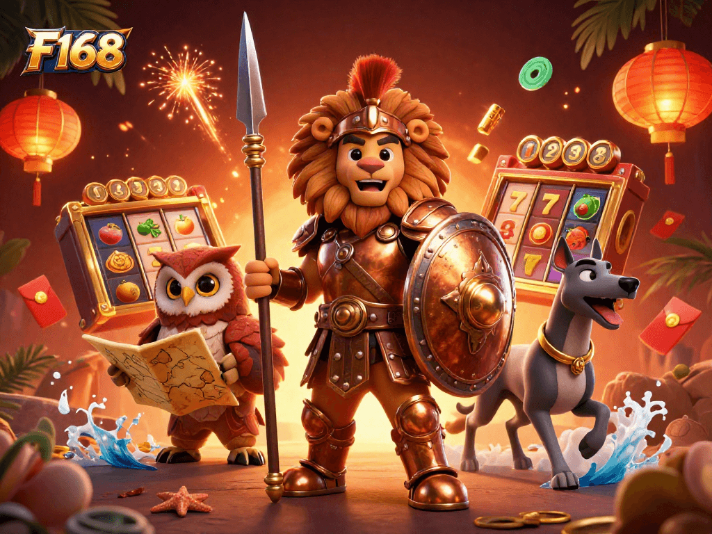 Engage in thrilling online gaming with F168's vibrant casino adventure featuring a Spartan lion, owl strategist, and greyhound messenger.