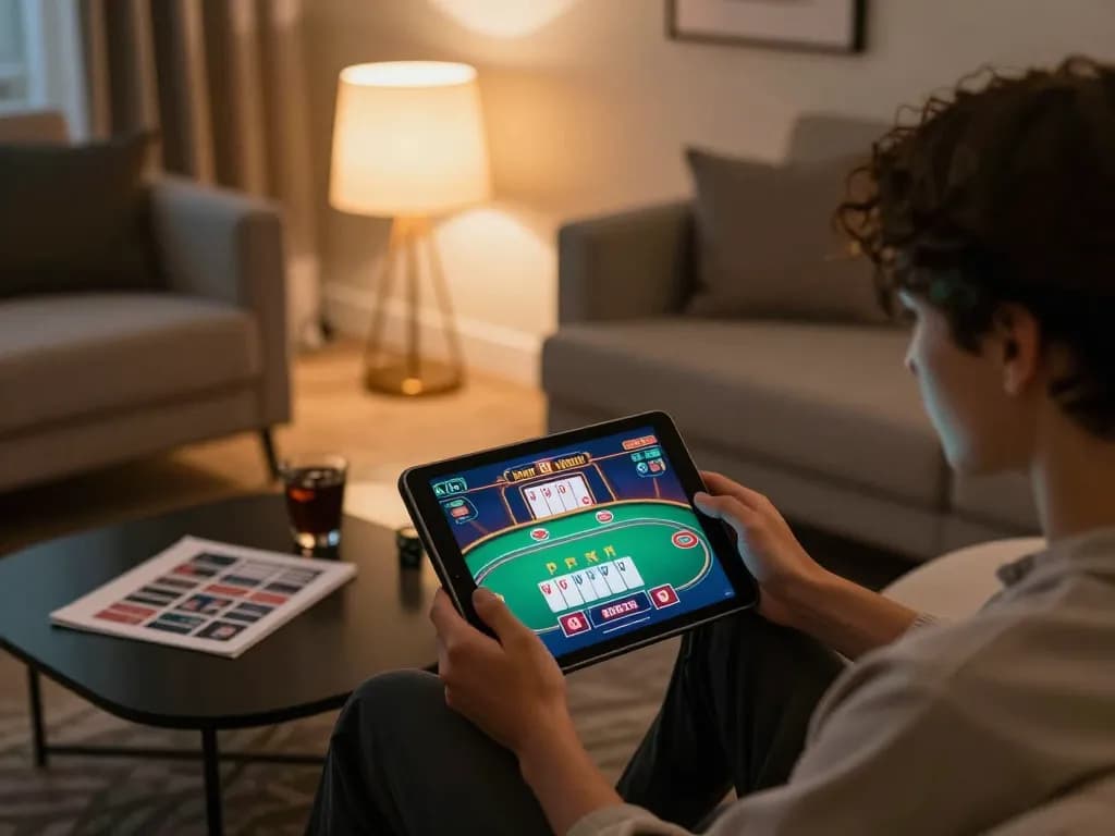 uu88 player engaging in online poker from a cozy living room with strategy notes.