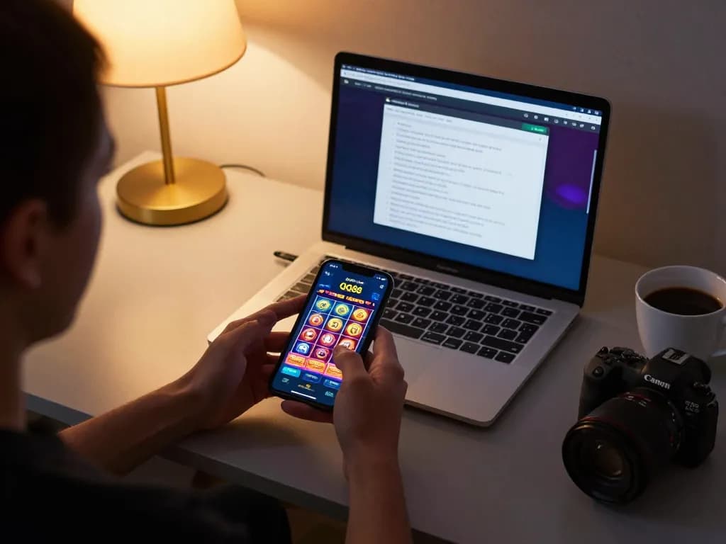 Engaging with qq88 casino app on smartphone while enjoying a cozy gaming setup
