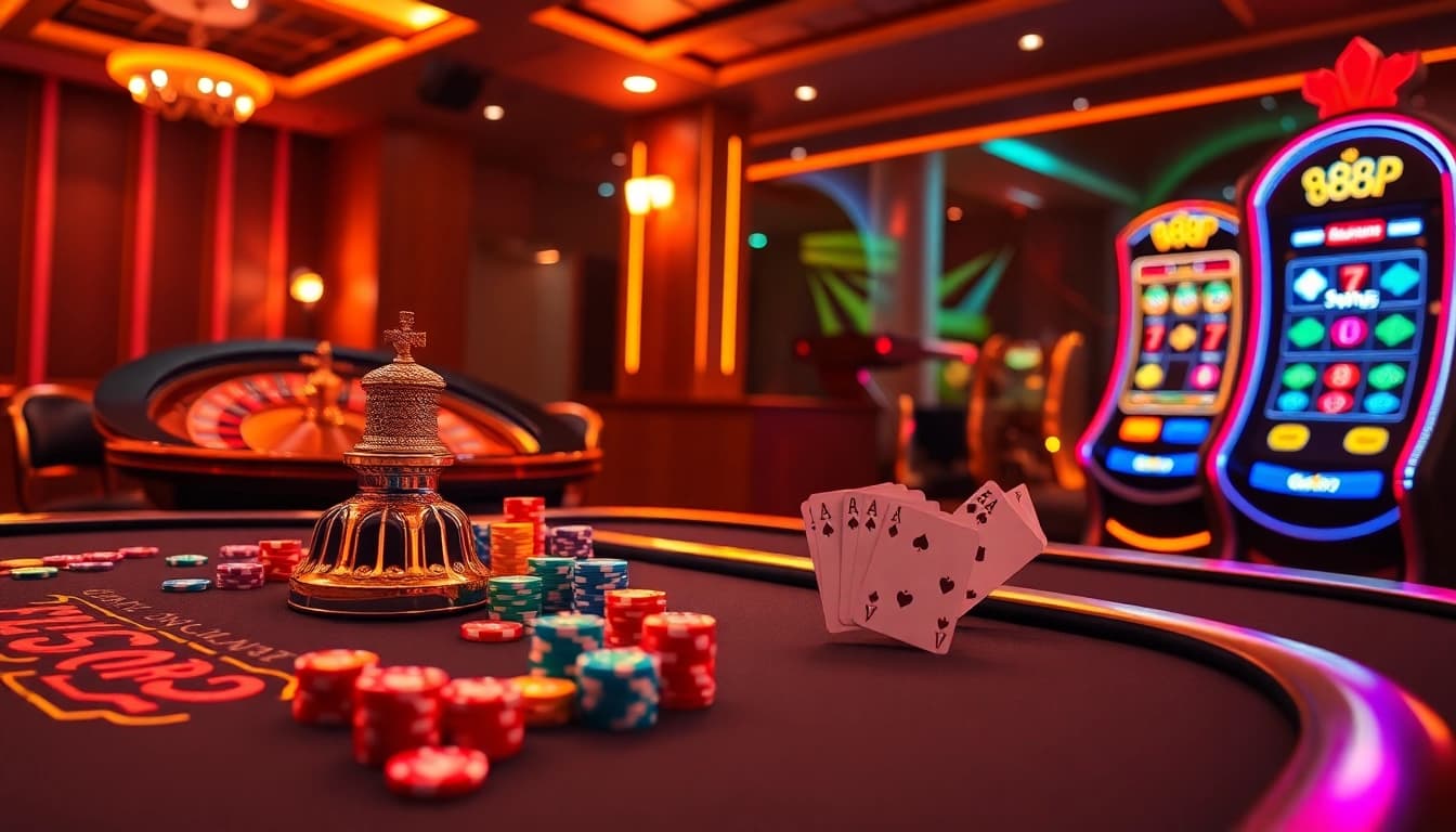Experience thrilling gaming with 888P's vibrant casino scene, showcasing high-stakes poker and roulette excitement.