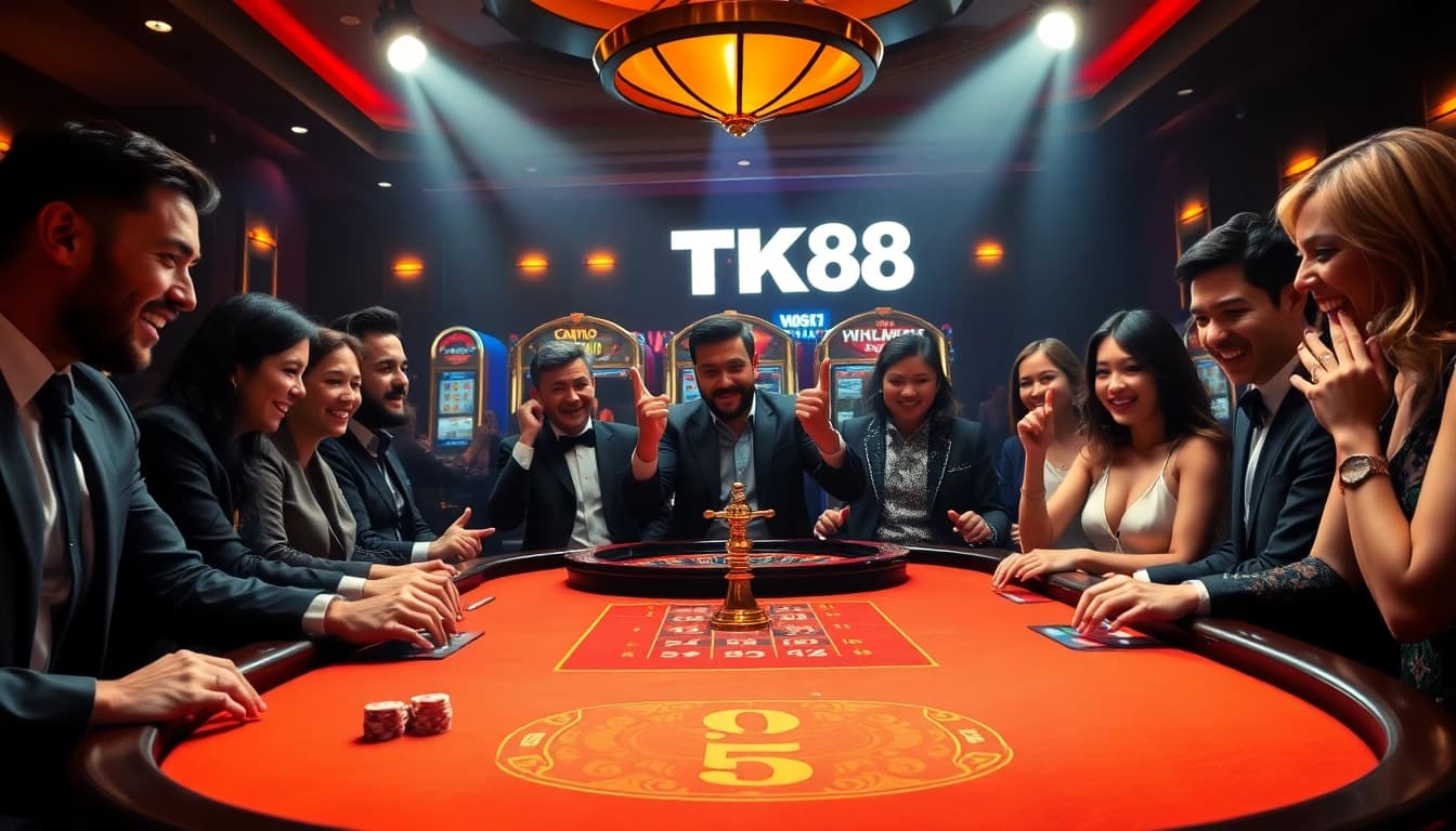 TK88 players celebrating wins at a luxurious casino table with vibrant atmosphere and gaming highlights.