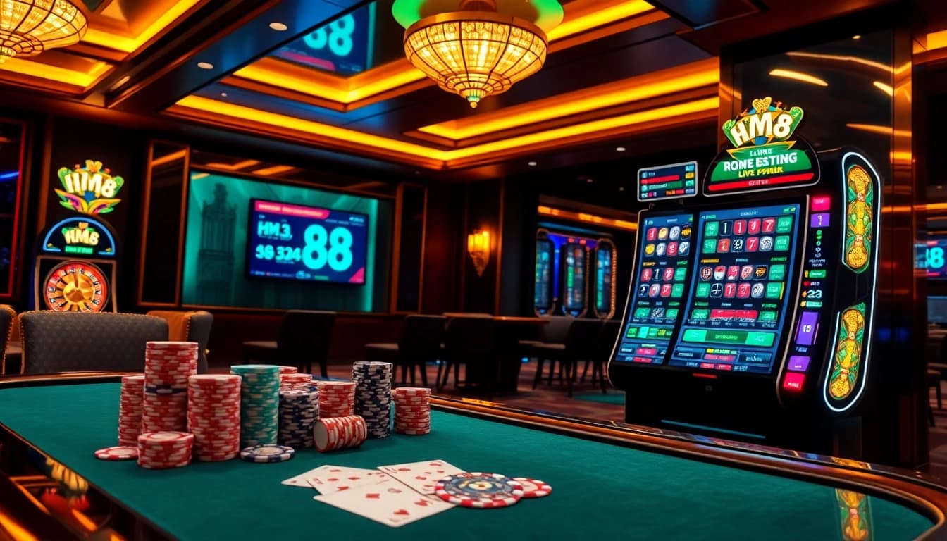 HM 88 branded casino table engaging players with poker chips, cards, and dynamic betting interface