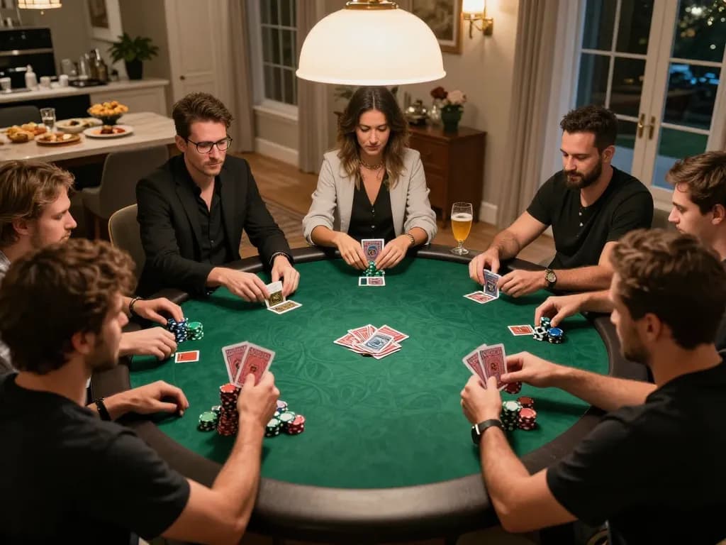 Engaging home poker game with friends showcasing DA88 strategy and excitement.