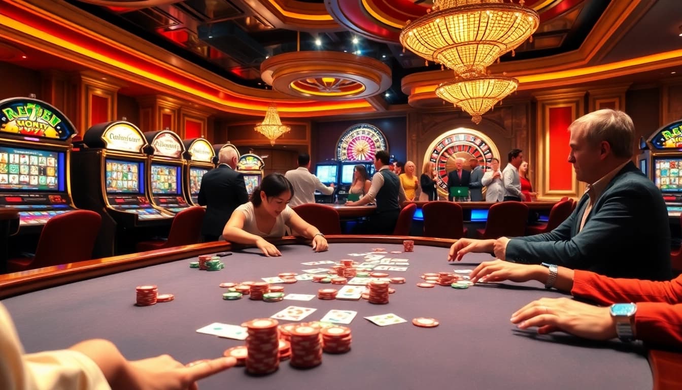 Alo 789 casino scene featuring players engaging in card games with vibrant chips and roulette wheels.