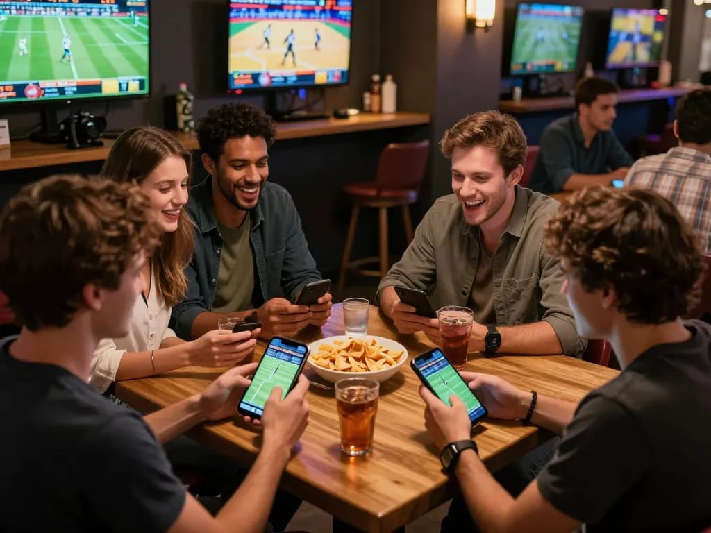 Friends engaging in sports betting excitement with debet mobile app during a game night.