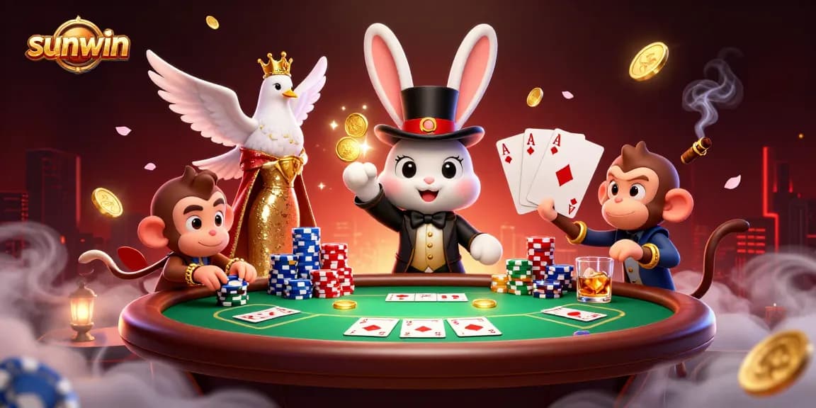 Experience winning with sunwin in a vibrant casino scene featuring a magician rabbit and poker chips.