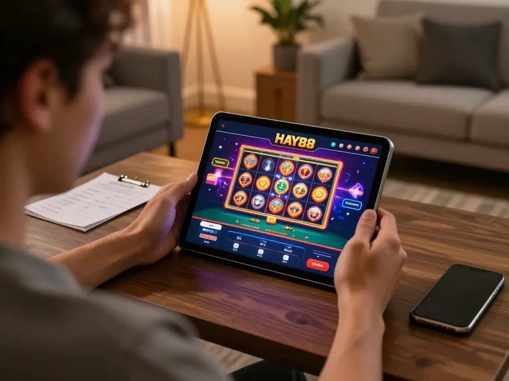 Engaged user playing HAY88 online slot games on tablet in cozy home setting.
