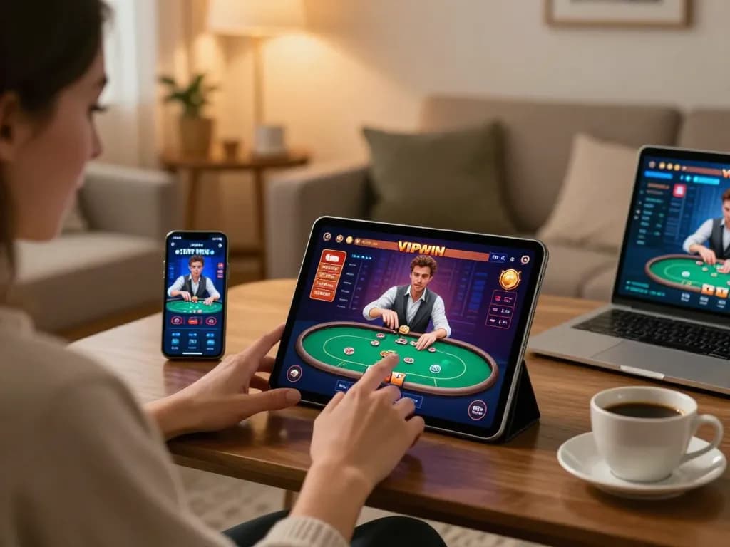 Engaged player enjoying VIPWIN casino games on a tablet in a cozy living room.