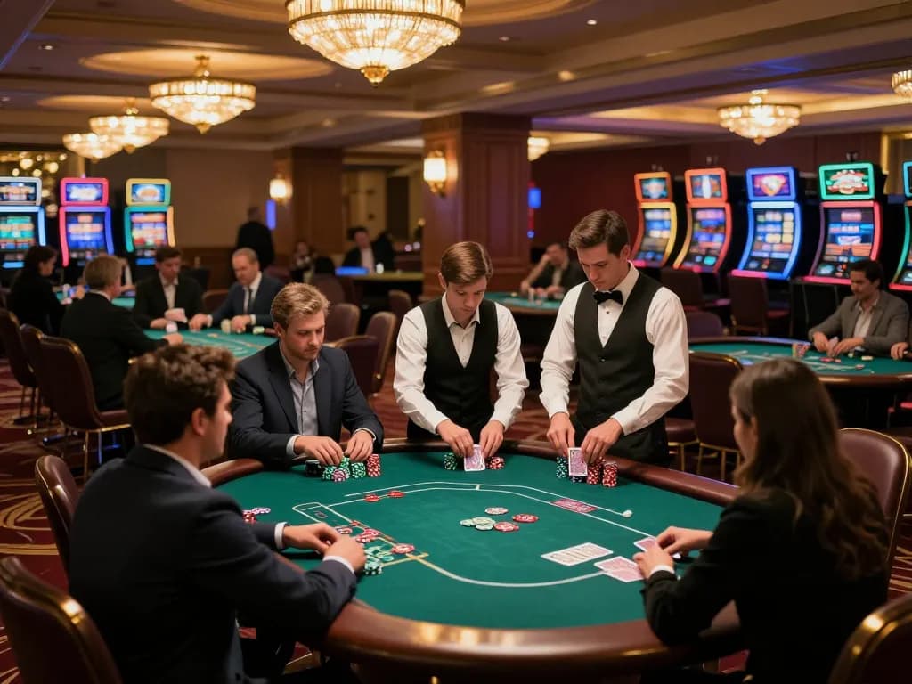 Experience the vibrant atmosphere at https://www.mnm88.com/ where players engage at poker tables under soft lighting.