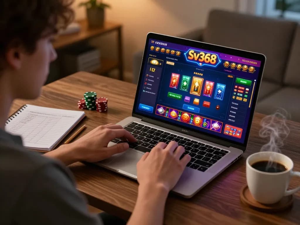 Engaging with Sv368 online casino, a player strategizes at their desk with vibrant game displays and a notebook.