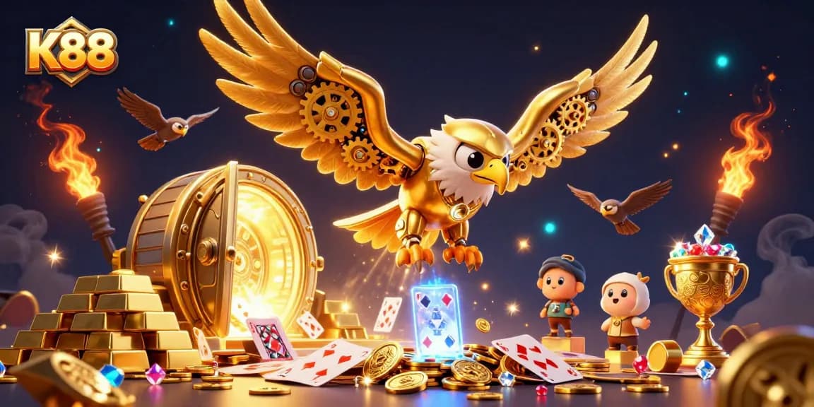 K88 engages players in thrilling casino games amid dazzling treasures and holographic cards.
