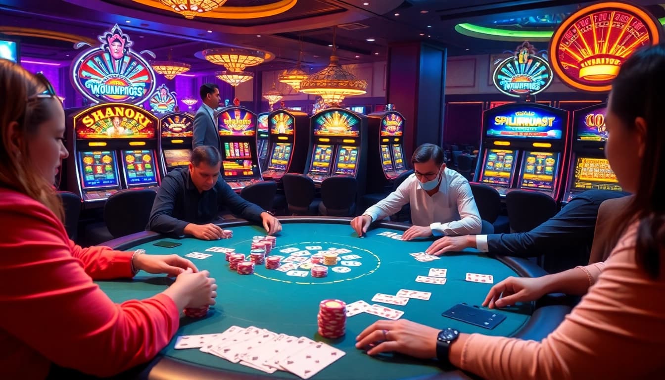 Players enjoying a thrilling card game at nhà cái typhu88, surrounded by vibrant casino ambiance.