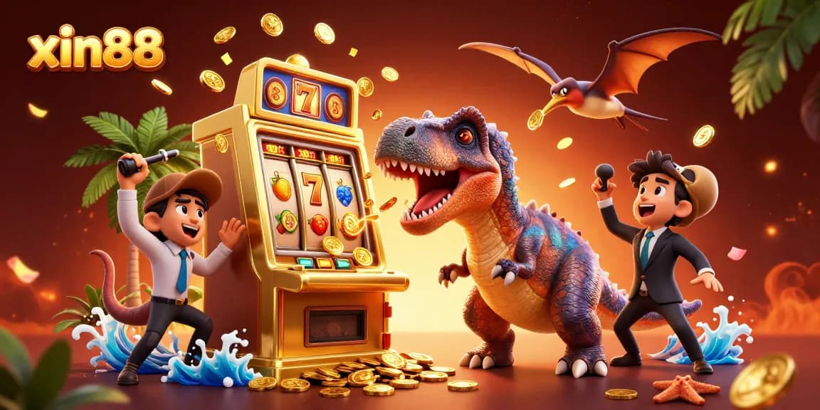 Enjoy the excitement of xin88 with a jackpot-winning slot machine scene featuring dynamic dinosaurs.