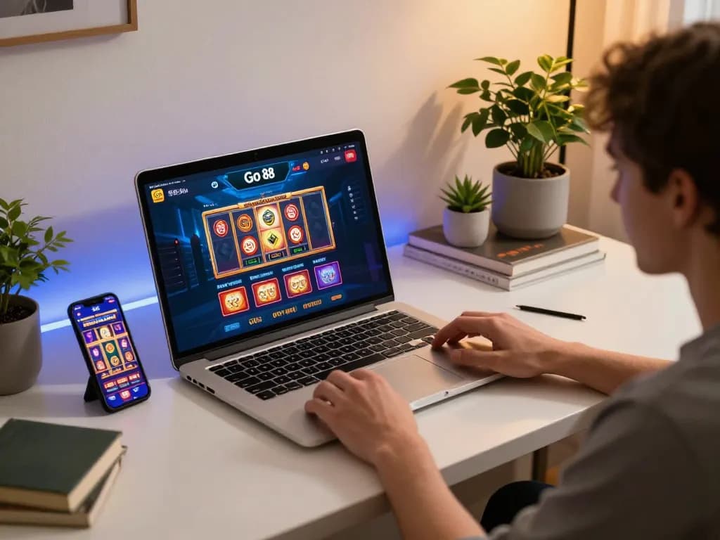 Player enjoying Go 88 online casino games on a laptop, showcasing vibrant gameplay and home setup