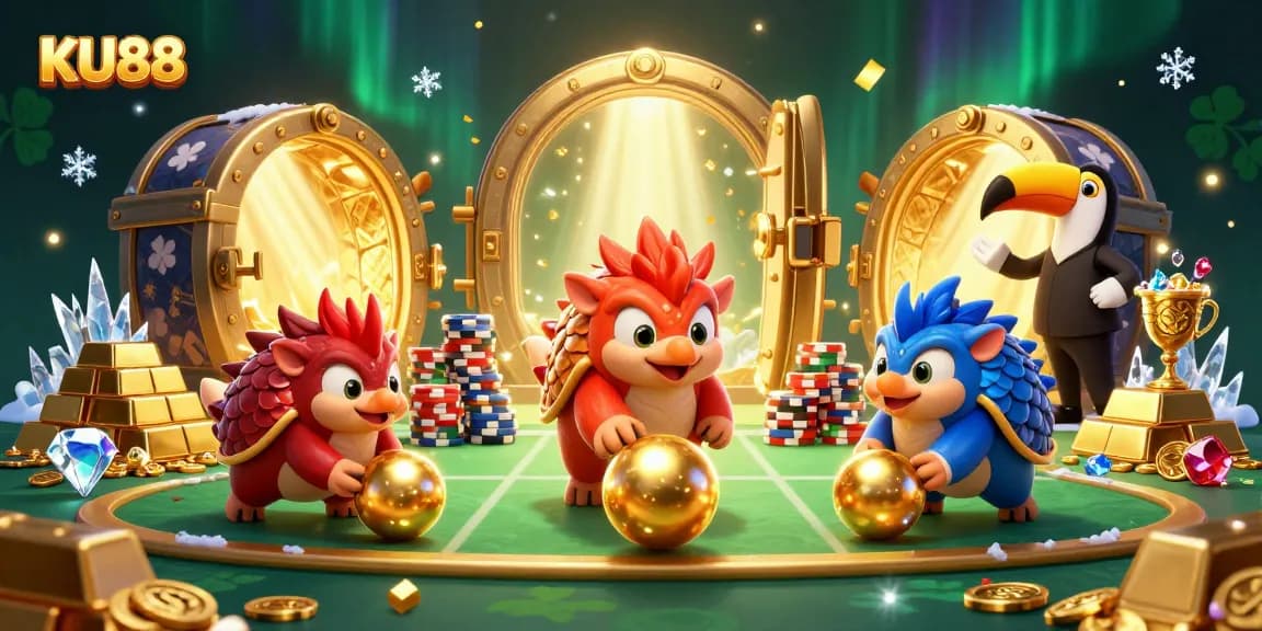 Experience thrilling gameplay at KU88 with rival pangolins battling through poker chips in a vibrant casino scene.
