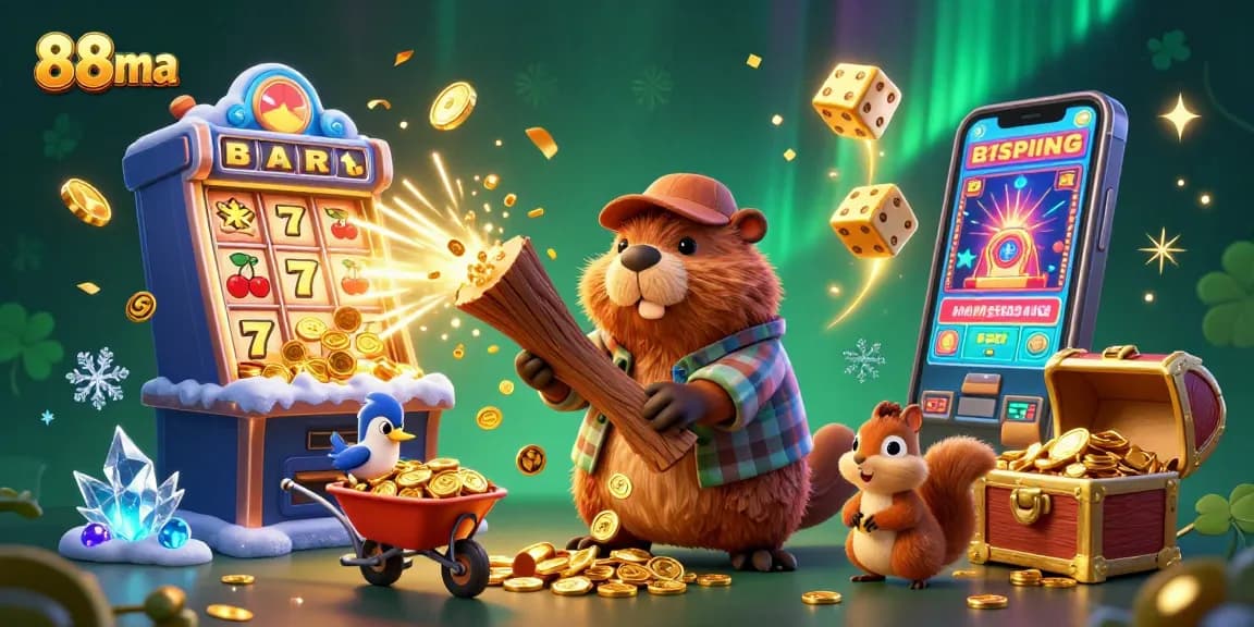 88ma presents a vibrant casino scene with a beaver chopping a tree for golden coins amidst slot machines.