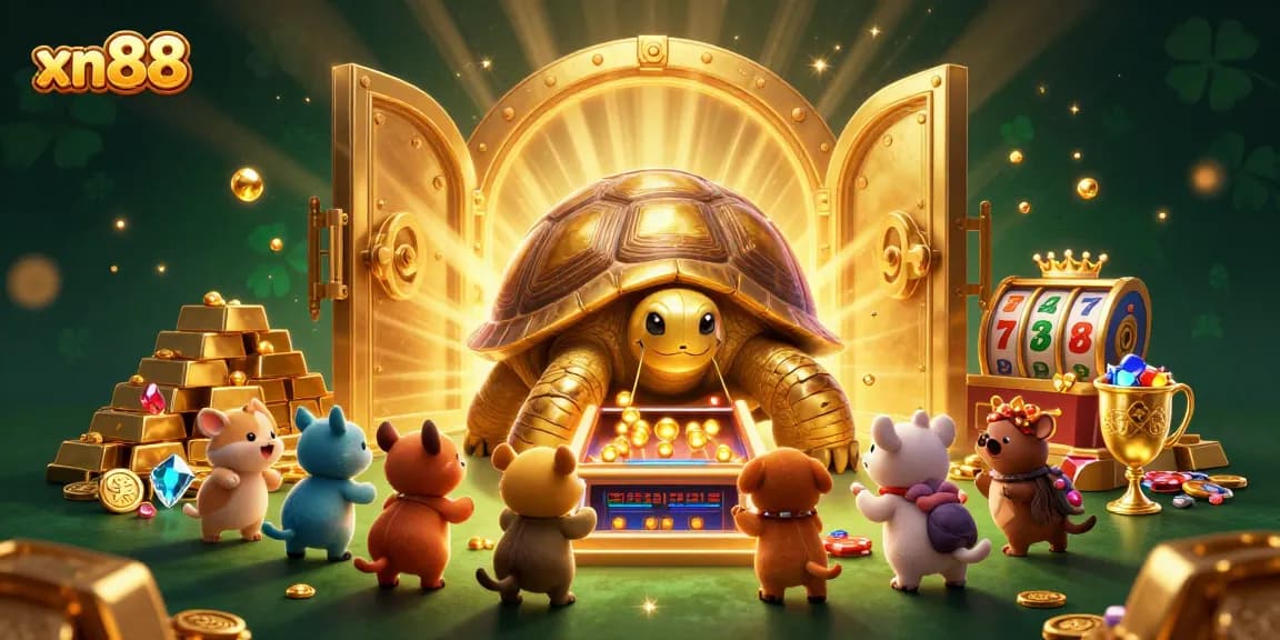 Experience the excitement at xn88 with a colossal golden tortoise pinball machine amidst a treasure-filled casino.