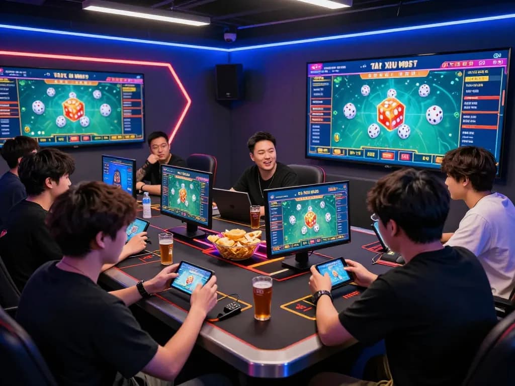 Players enjoying Tài Xỉu MD5 in a vibrant online gaming atmosphere with dice animations and live betting.