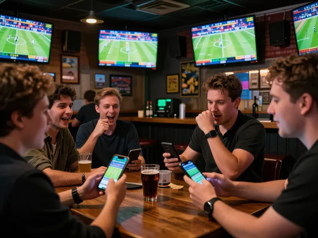 Sports enthusiasts engaging in exciting betting activities at a RED88 event, showcasing live game screens and smartphones.