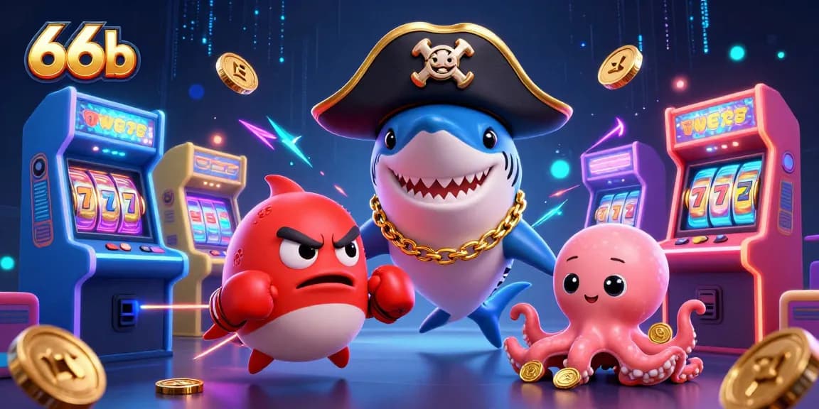 Engage with 66b's vibrant casino scene featuring a pirate shark, pufferfish, and octopus celebrating jackpot wins.