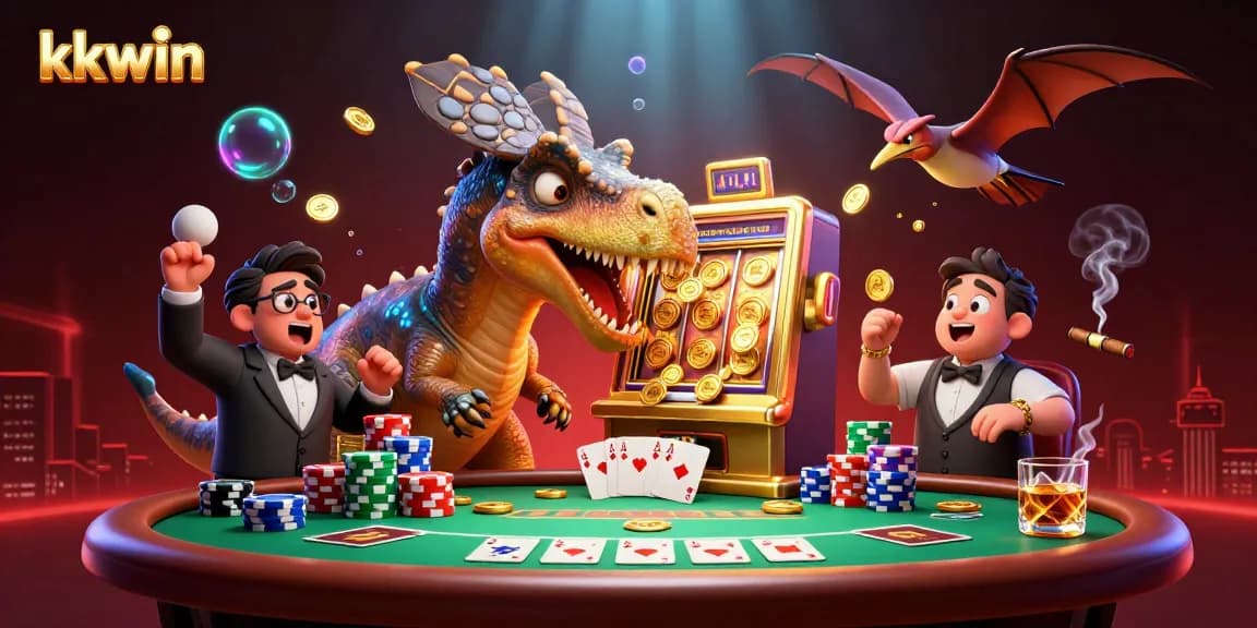 kkwin casino illustration featuring a dinosaur interacting with a slot machine and catching coins.